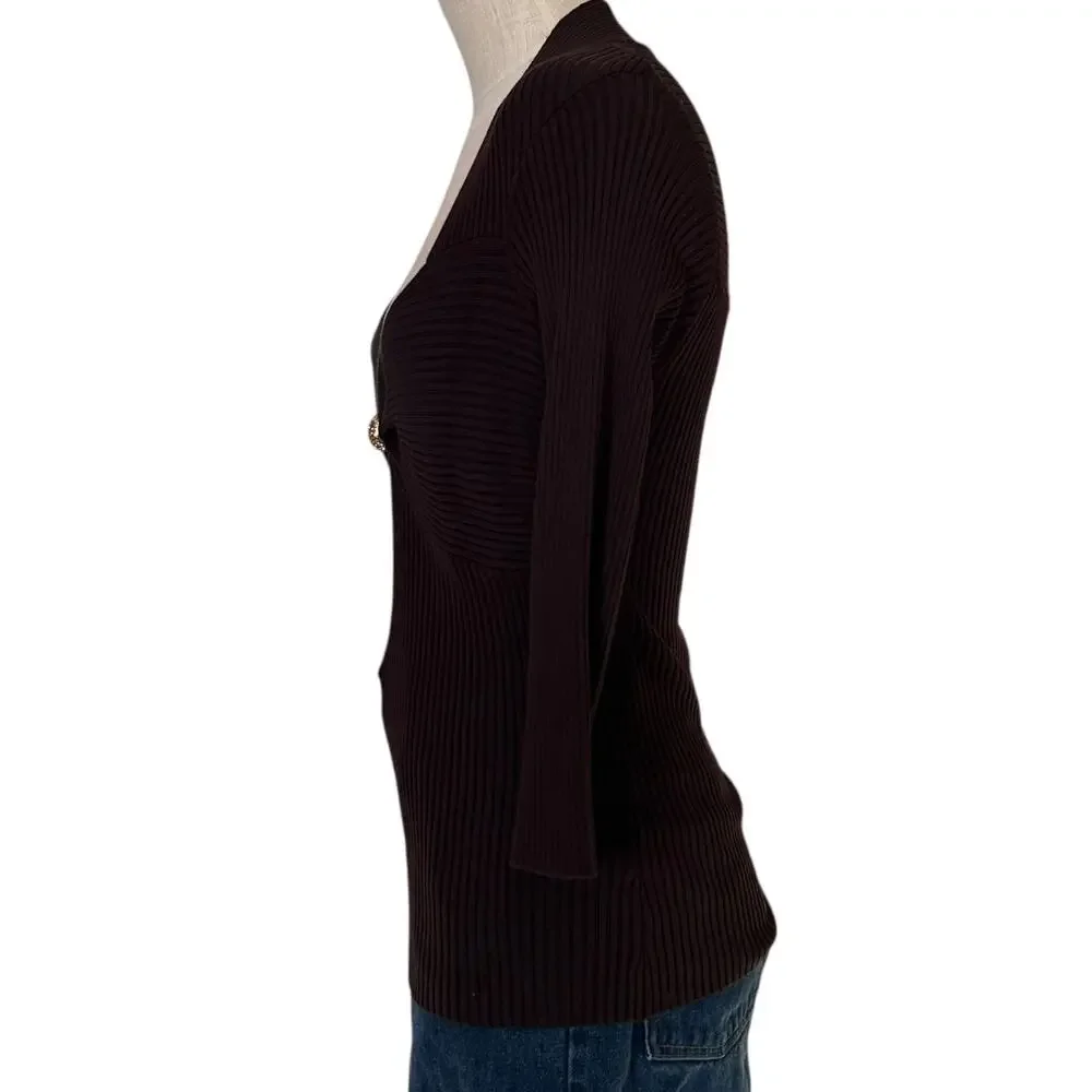 Cache Brown Gold Ribbed Tube Top Shirt Womens Sz Large Y2K V Neck 3/4 Sleeve - Picture 9 of 16